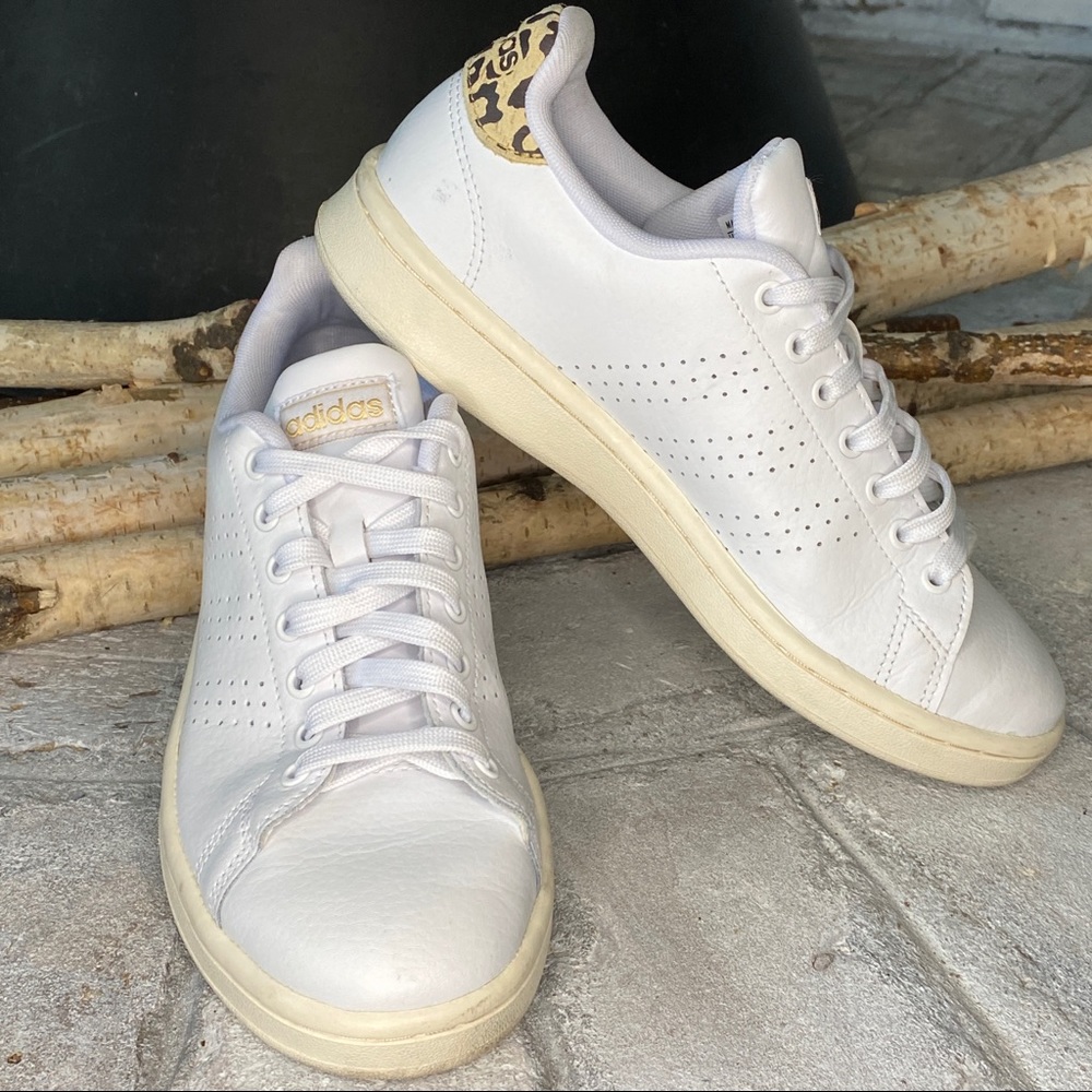 Adidas Advantage Sneakers White Leather Leopard Women's Size 7.5